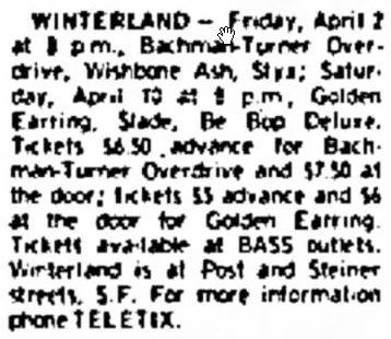 Golden Earring show announcement April 10, 1976 San Francisco - Winterland The Argus newspaper April 02 1976 p25